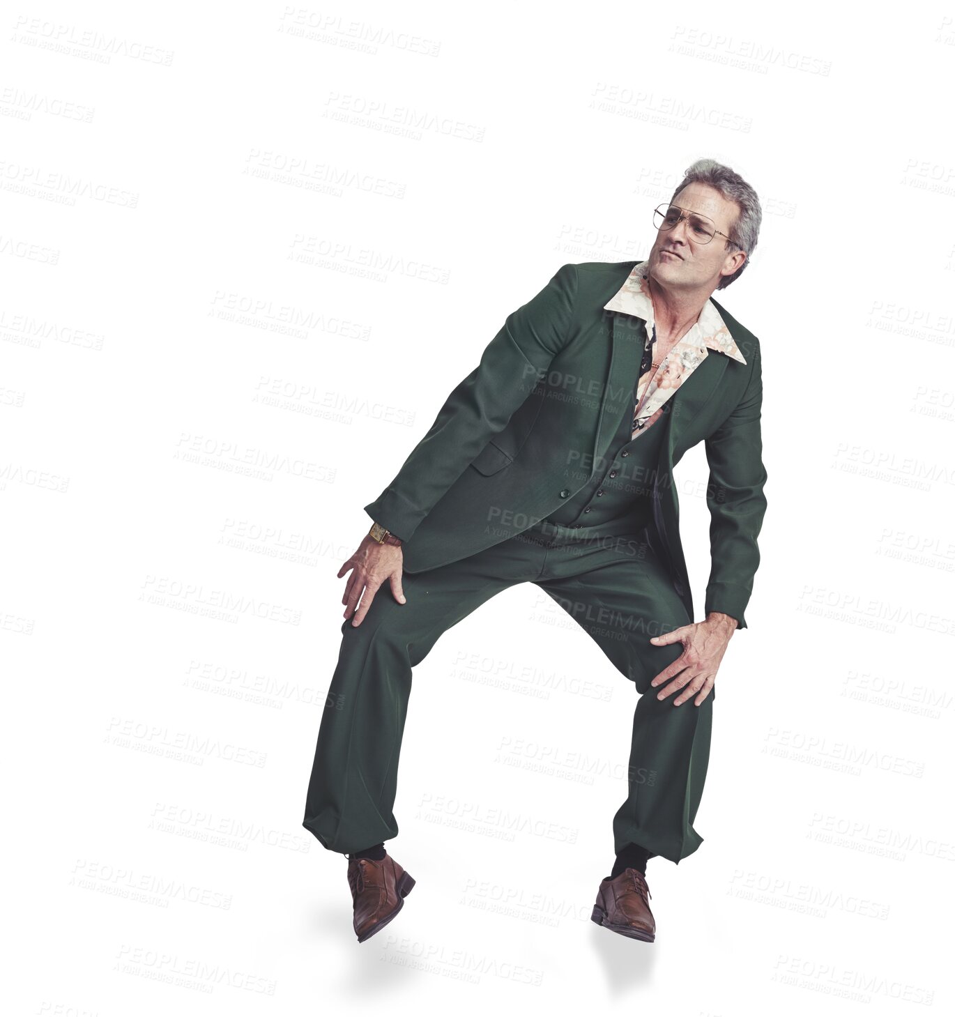 Buy stock photo Dance, fashion and senior man in suit for groovy, retro and vintage outfit listening to music. Disco, move and elderly male model from Canada with elegant style isolated by transparent png background