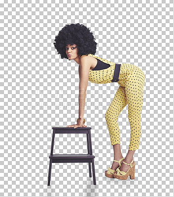 Buy stock photo Woman, 70s and fashion with chair in portrait with face for clothes in retro, vintage or trendy. Female model, afro and pout on isolated or a transparent png background for beauty, style and bangle