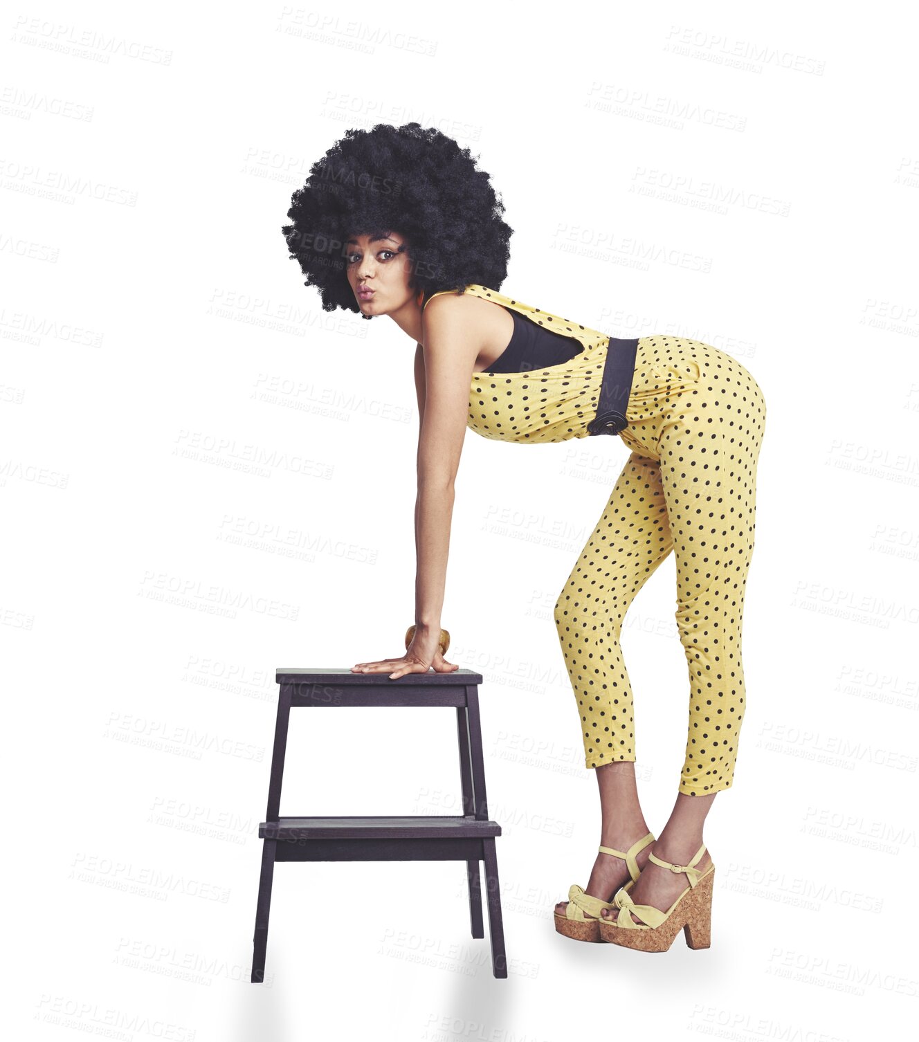 Buy stock photo Woman, 70s and fashion with chair in portrait with face for clothes in retro, vintage or trendy. Female model, afro and pout on isolated or a transparent png background for beauty, style and bangle