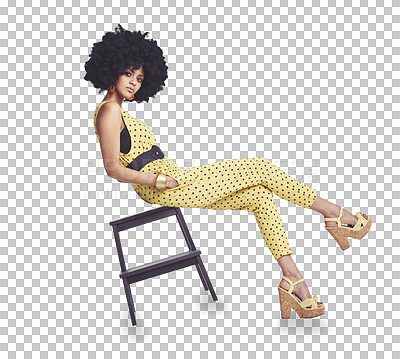 Buy stock photo Retro, fashion and portrait of woman on chair with 70s, clothes and style for disco on isolated, transparent or png background. Vintage, clothing and confidence in natural beauty or creativity