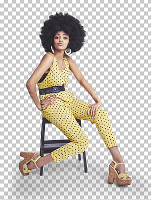 Buy stock photo 70s, fashion and portrait of woman on chair with retro, clothes and style for disco on isolated, transparent or png background. Vintage, clothing and confidence in natural beauty or creativity