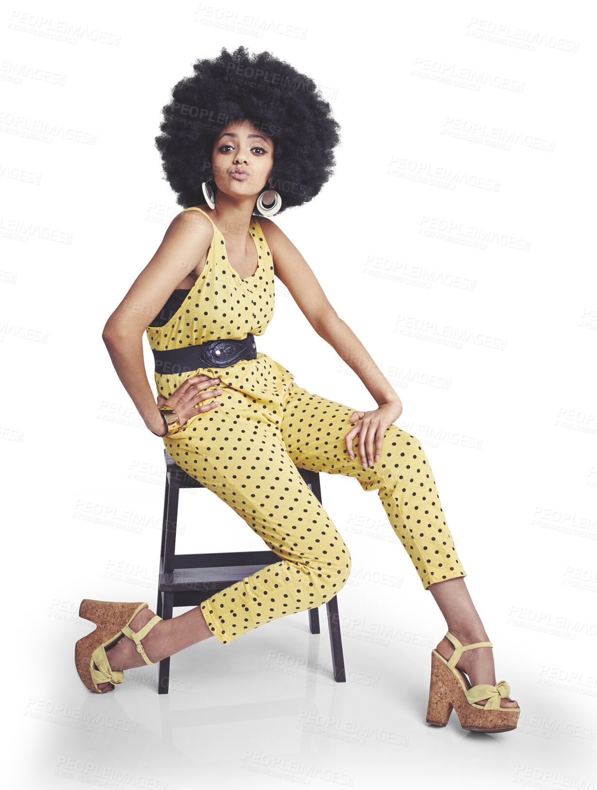 Buy stock photo 70s, fashion and portrait of woman on chair with retro, clothes and style for disco on isolated, transparent or png background. Vintage, clothing and confidence in natural beauty or creativity