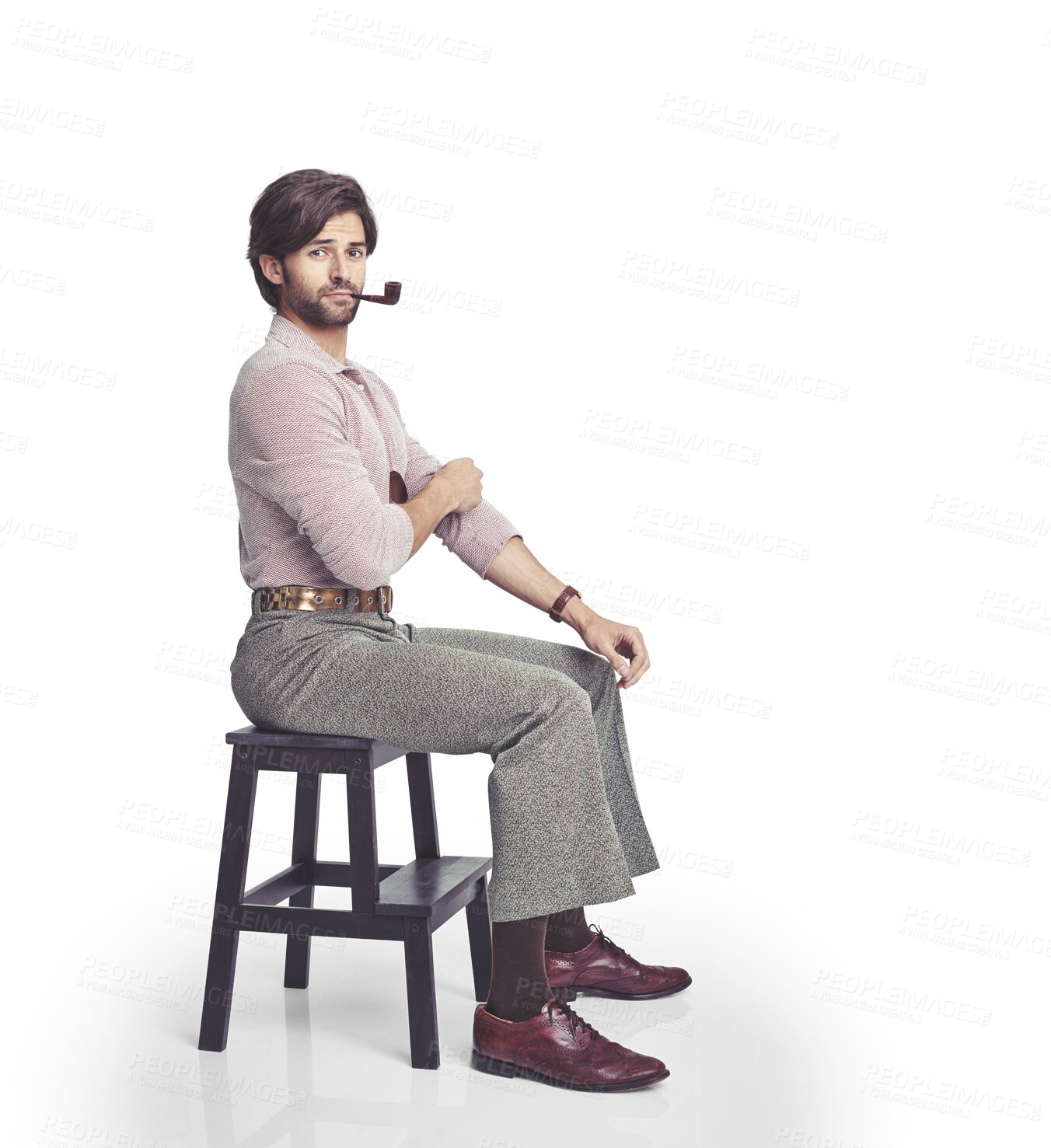 Buy stock photo Portrait, chair and a man smoking with a pipe for fashion isolated on a transparent png background. Retro, stylish and a model or funky person with a smoke in unique, vintage or hippie clothes