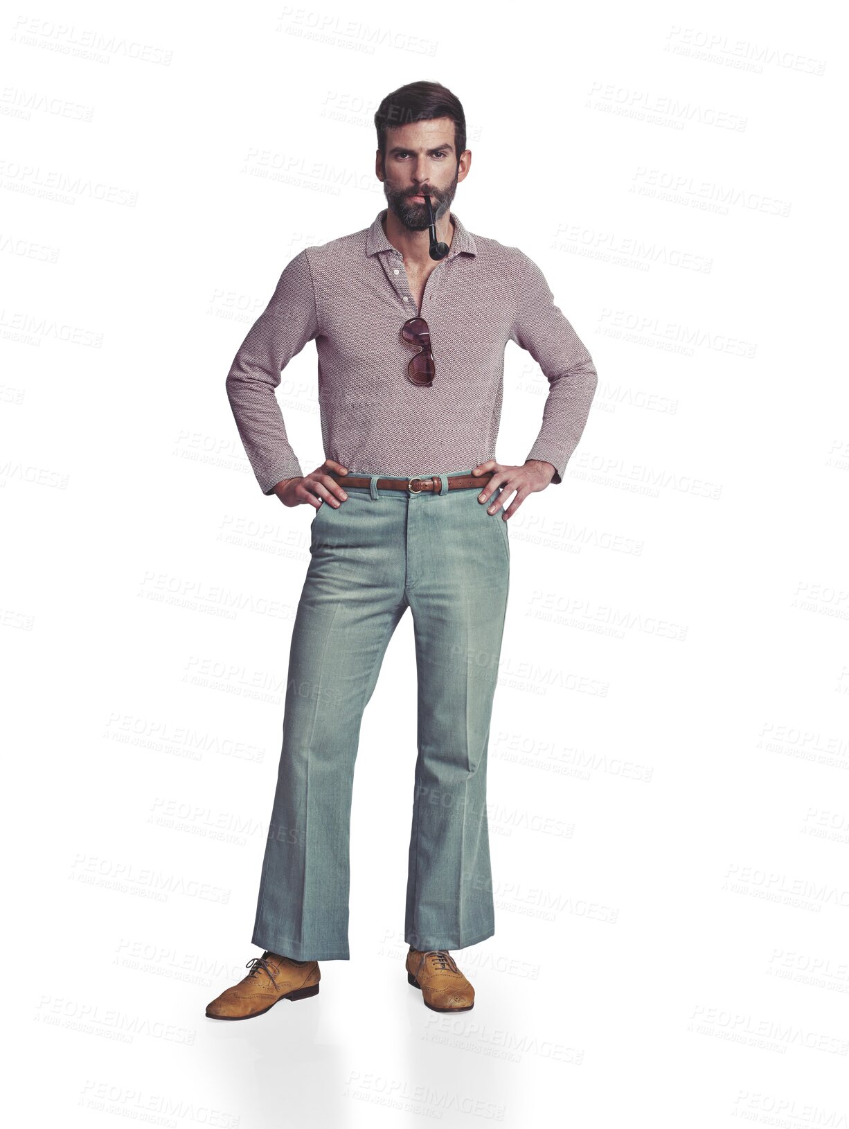 Buy stock photo Retro, fashion and man in portrait with 70s disco outfit and pipe in studio isolated on a png or transparent background. Portrait, person and hippie style with hands on hip and serious face or trendy