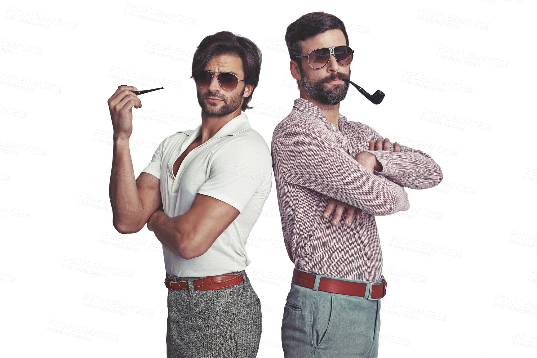 Buy stock photo Retro, fashion and portrait of men in 70s, disco and smoking with pipe and arms crossed on isolated, transparent or png background. Vintage, clothes and friends with confidence, style and sunglasses