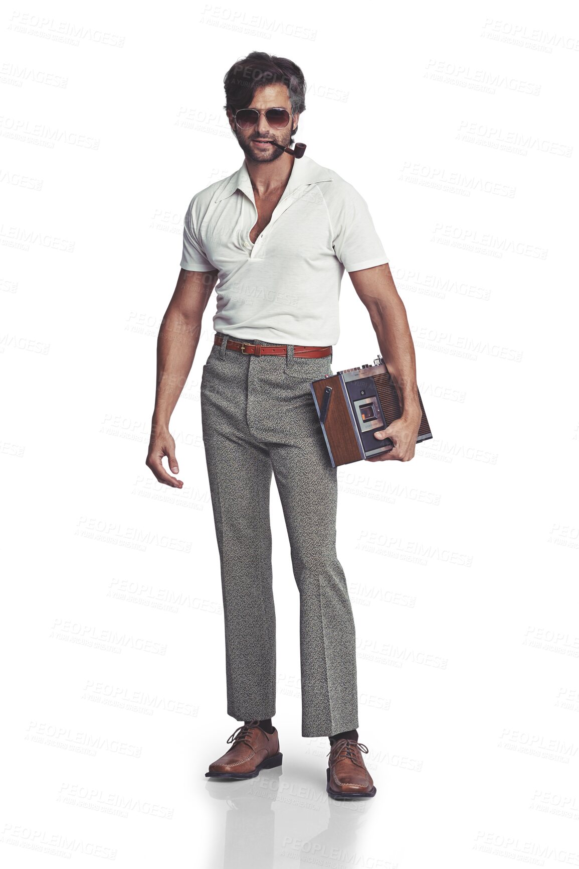 Buy stock photo Isolated man, portrait and retro radio with 70s fashion, sunglasses or confident by transparent png background. Hippy guy, vintage aesthetic and clothes with cassette player for music, sound or audio