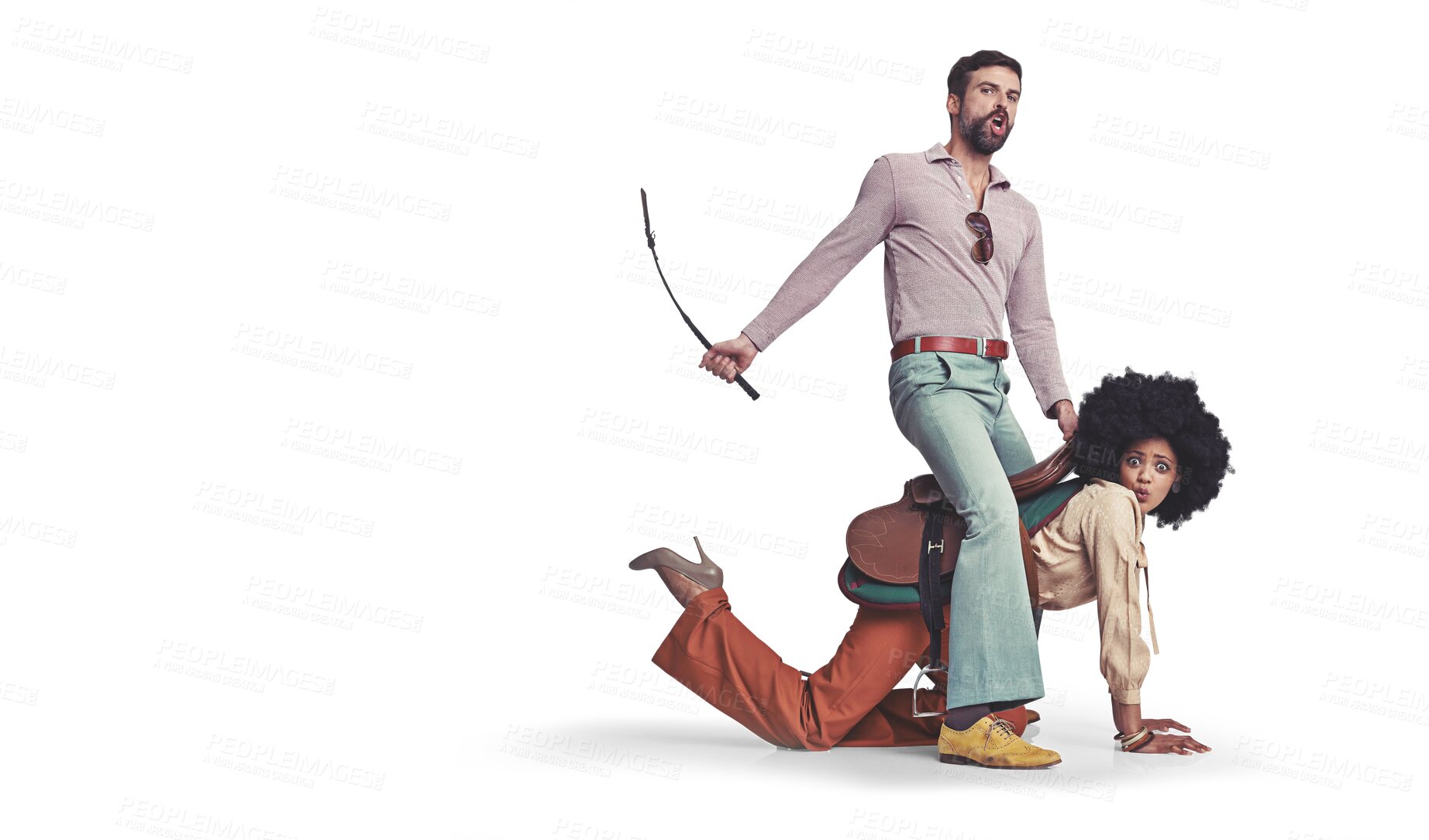 Buy stock photo Man, woman and whip in portrait, sexual and isolated on piggy back domination by transparent png background. Multicultural couple, diversity and comic horse riding for fantasy, retro clothes or game