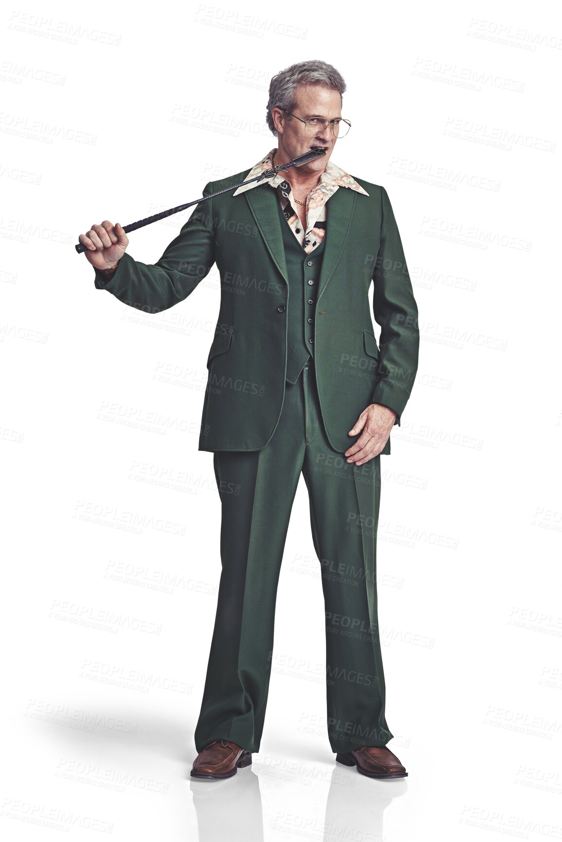 Buy stock photo Man, riding crop and retro clothes for funny or unique look for comedy isolated on transparent png background. Male, whip and 70's vintage suit for joke or crazy in sunglasses, funky and adult fun
