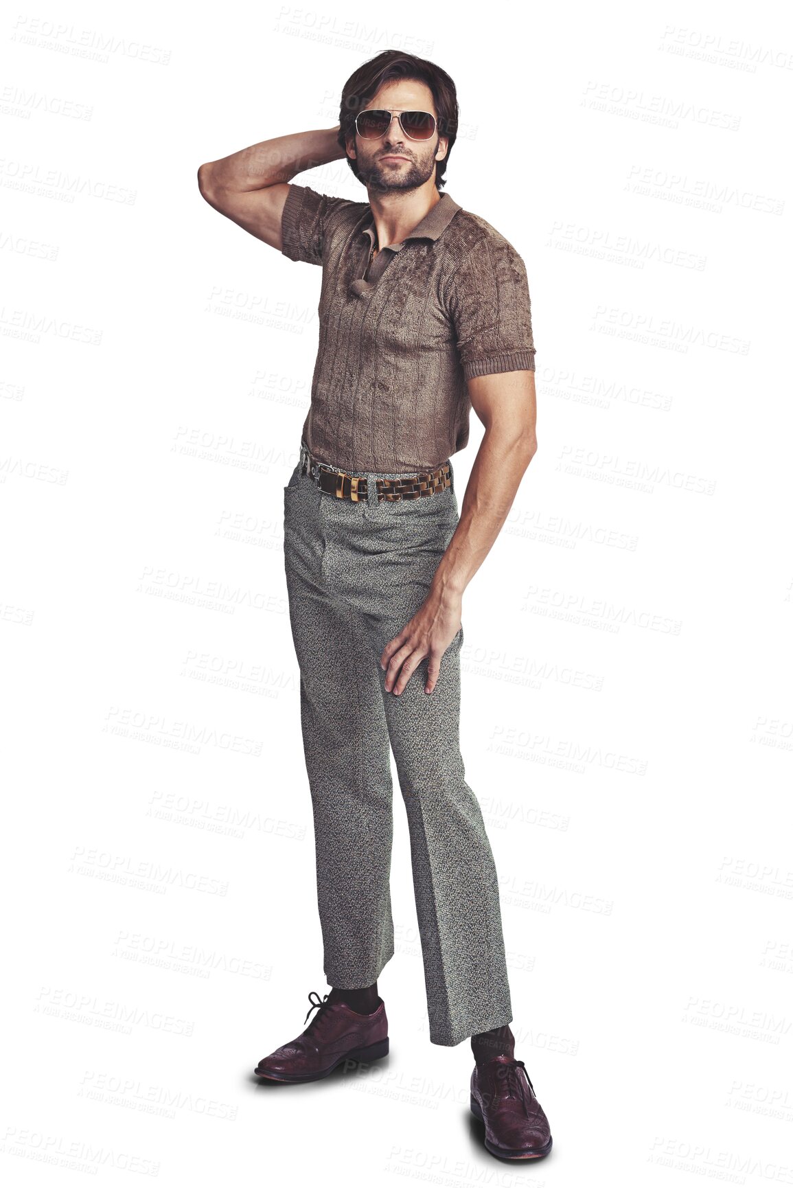 Buy stock photo Man, pose and retro, fashion and isolated on a transparent png background, vintage and unique. Indian person, sunglasses and style or 70s, trendy and hip for funky, clothes and confident with hands