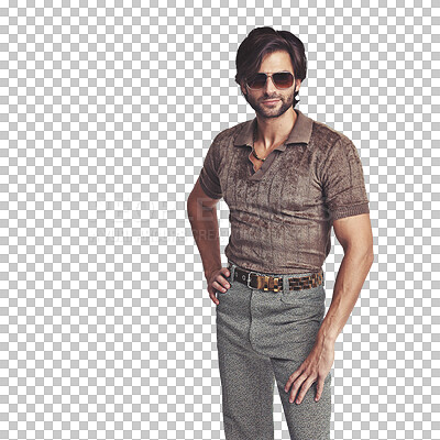 Buy stock photo Portrait of man, retro fashion or cool outfit in casual style isolated on png transparent background. Sunglasses, vintage shirt or cool male person in Italy with confidence or unique funky clothes