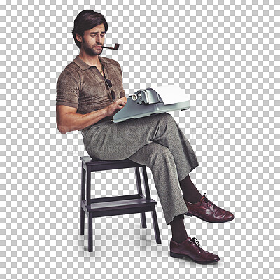 Buy stock photo Typewriter, typing and man with smoking pipe isolated on a transparent png background. Smoke, serious writer and journalist on retro technology, stool and creative work on document or vintage paper