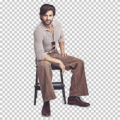 Buy stock photo Hippie, portrait and a man with fashion aesthetic, retro and on a chair isolated on a transparent png background. Vintage, trendy and a model or person in hipster or funky clothes with confidence