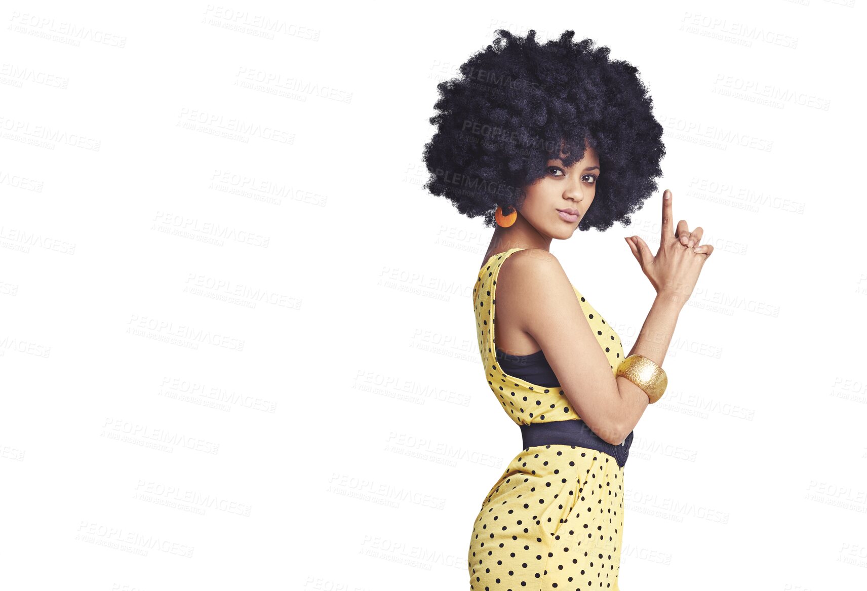 Buy stock photo Portrait, woman and fashion with finger by gun in retro, modern or trendy in style for clothes. Black person, model and face on isolated or a transparent png background for pose, beauty and hair 