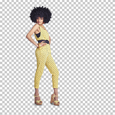 Buy stock photo Afro, retro fashion or portrait of woman in a cool or trendy outfit isolated on transparent PNG background. Girl, full body or biracial person with confidence, vintage style or 70s funky jumsuit