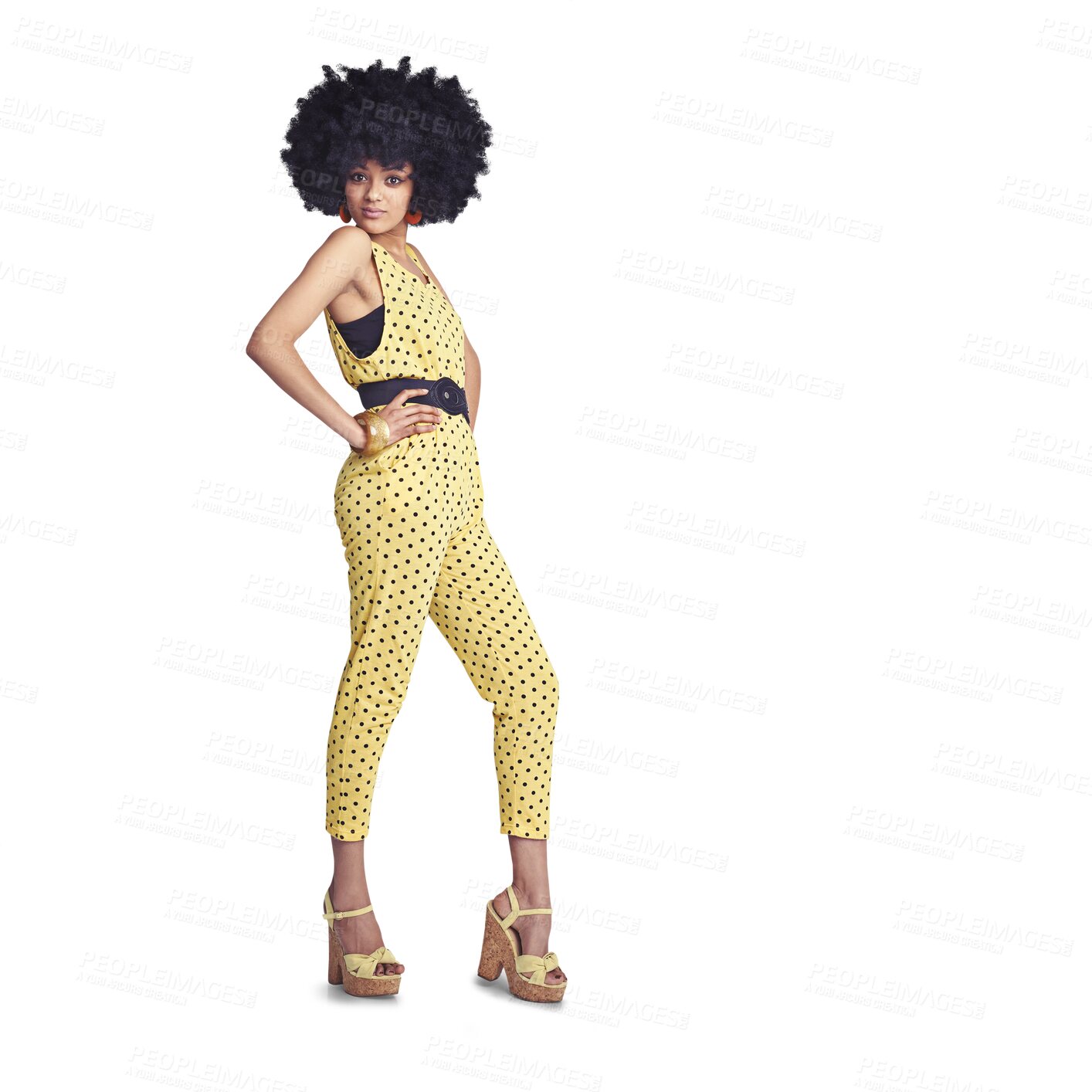 Buy stock photo Afro, retro fashion or portrait of woman in a cool or trendy outfit isolated on transparent PNG background. Girl, full body or biracial person with confidence, vintage style or 70s funky jumsuit