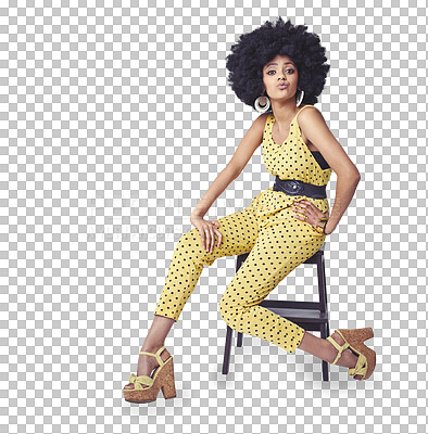 Buy stock photo 70s, fashion and portrait of woman on chair with retro, clothes and beauty for disco on isolated, transparent or png background. Vintage, clothing and confidence in natural afro, style or creativity