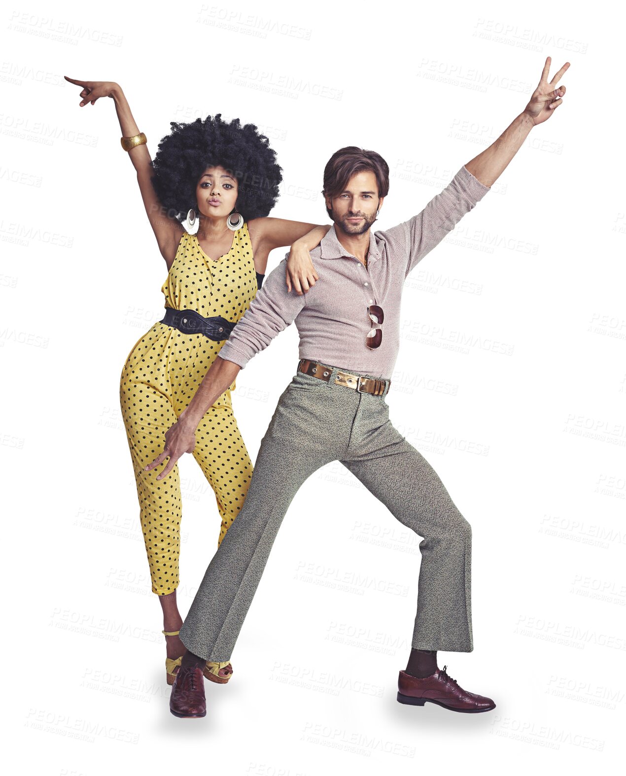 Buy stock photo Retro, fashion and disco couple isolated on transparent png background, dance and funky party portrait together. Vintage club culture, man and woman dancer in celebration with energy, fun and smile.