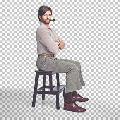 Buy stock photo Portrait, arms crossed and a man smoking with a pipe for fashion isolated on a transparent png background. Retro, stylish and a model or funky person with a smoke in unique, vintage or hippie clothes