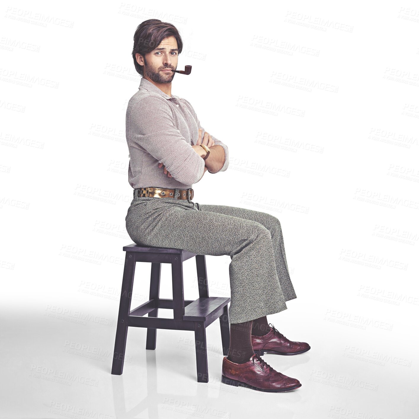 Buy stock photo Portrait, arms crossed and a man smoking with a pipe for fashion isolated on a transparent png background. Retro, stylish and a model or funky person with a smoke in unique, vintage or hippie clothes