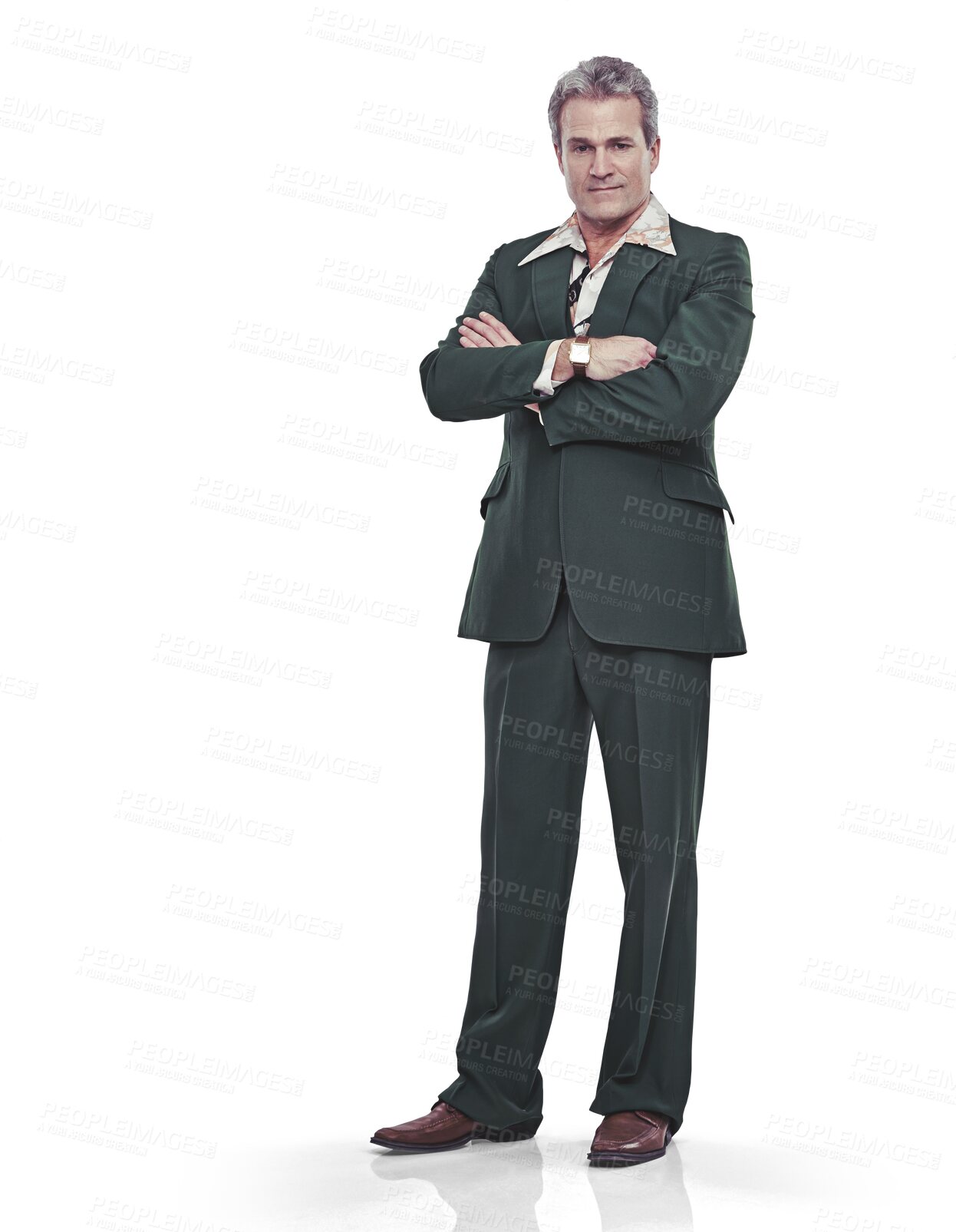 Buy stock photo Crossed arms, style and senior man in suit for groovy, retro and vintage outfit with confidence. Serious, fashion and handsome elderly male model from Canada isolated by transparent png background.