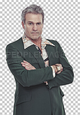 Buy stock photo Crossed arms, fashion and senior man in suit for groovy, retro and vintage outfit with confidence. Serious, style and handsome elderly male model from Canada isolated by transparent png background.