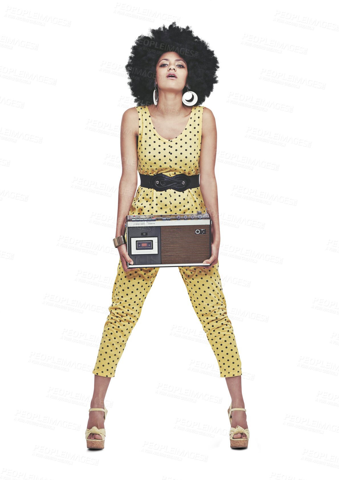 Buy stock photo Portrait, vintage fashion or woman with radio for a song in cool outfit isolated on png transparent background. Biracial, disco music or afro girl with confidence, retro style or 70s funky clothes 