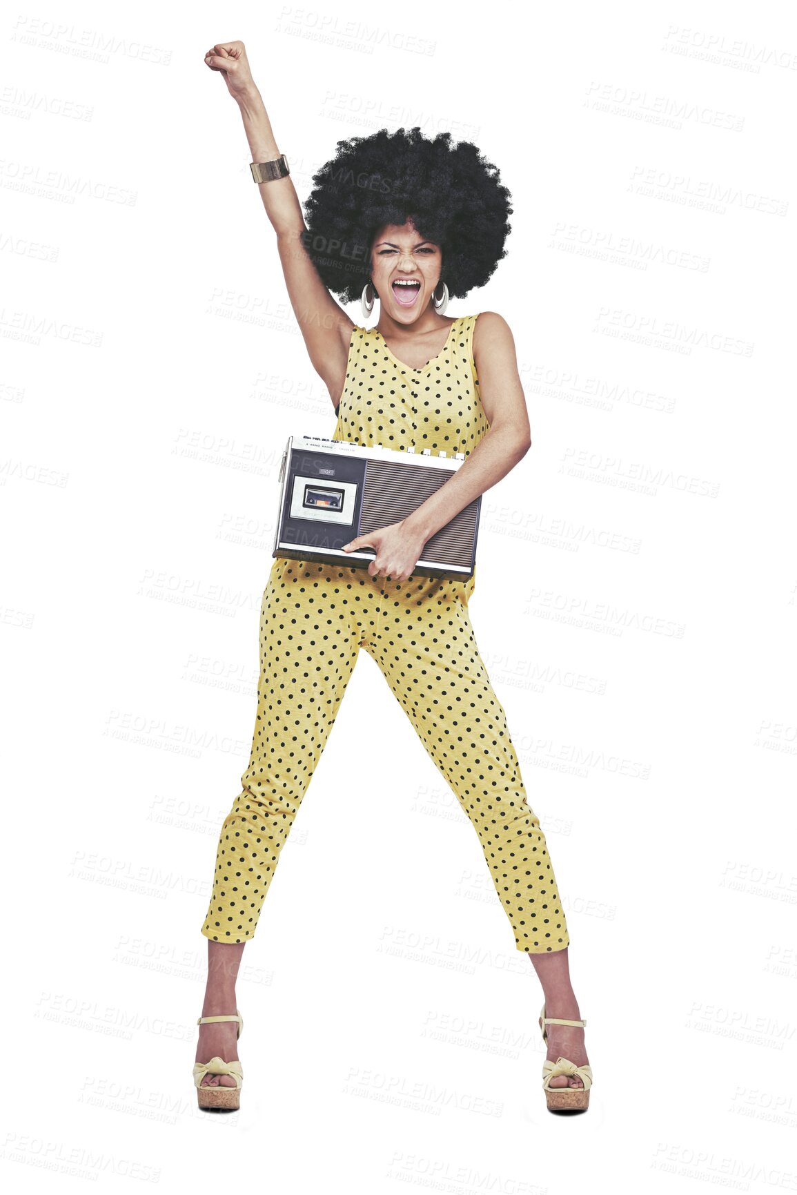 Buy stock photo Portrait, retro or woman with radio singing a song in cool outfit isolated on png transparent background. Empowerment fist, disco music or afro girl with fashion, vintage style or 70s funky clothes 