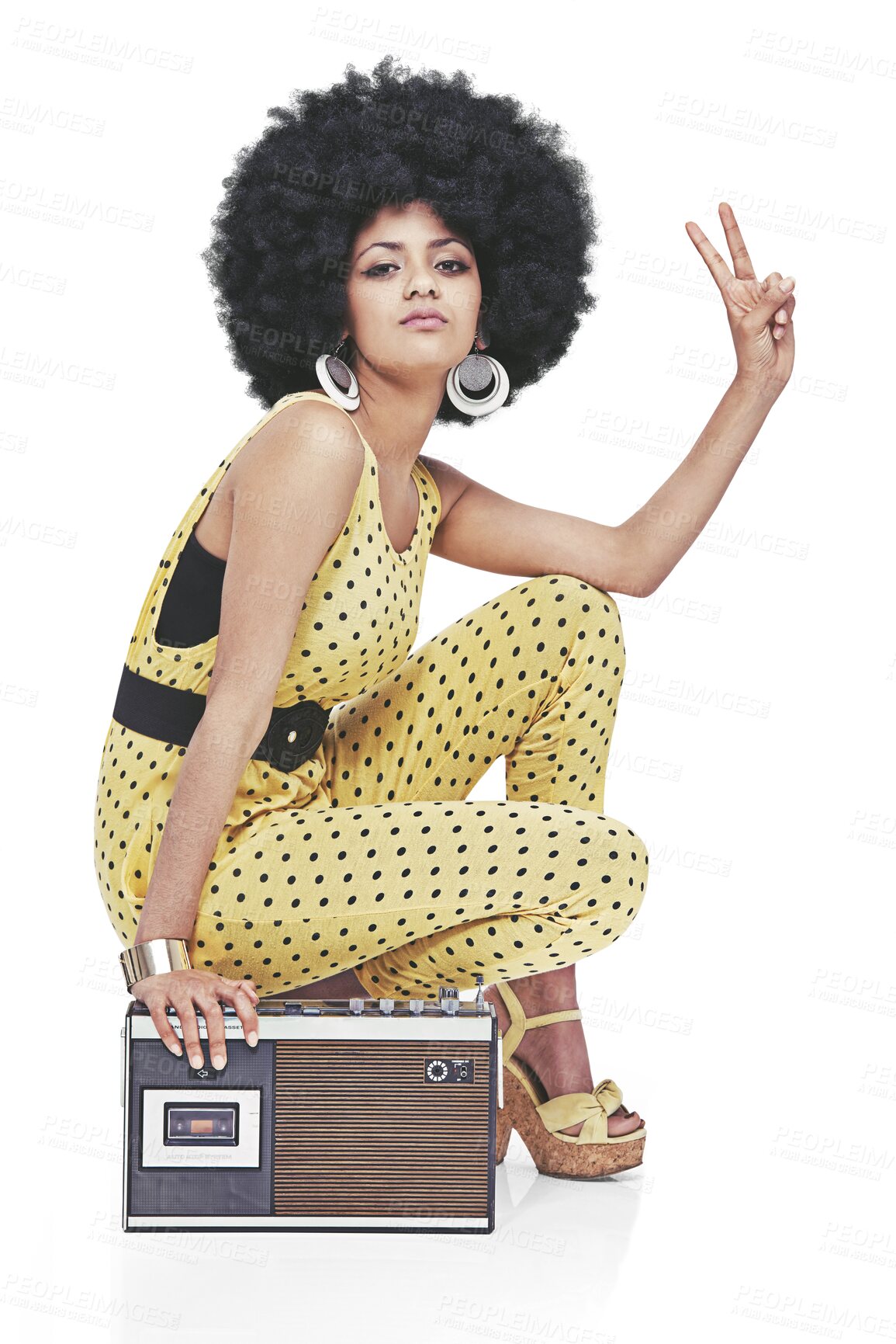 Buy stock photo Vintage radio, afro fashion and woman isolated on transparent png background, peace sign and party portrait. Retro club culture, disco and cool model sitting with dance music, style and funk clothes.