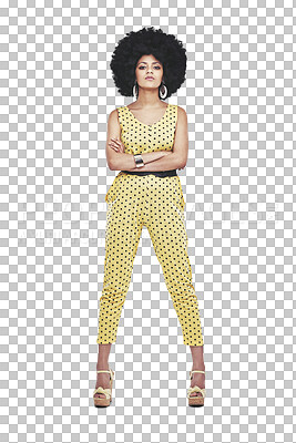 Buy stock photo Retro, disco fashion and portrait of woman isolated on transparent png background with arms crossed. Vintage club culture, unique funk style and confident model with party costume, afro and pride.