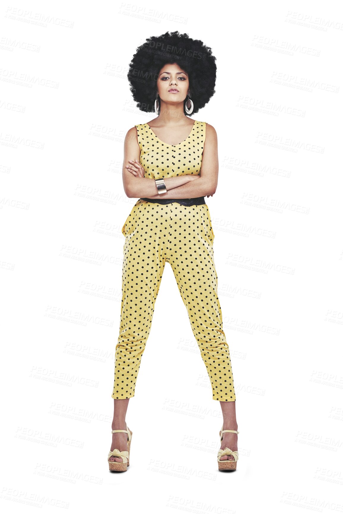 Buy stock photo Retro, disco fashion and portrait of woman isolated on transparent png background with arms crossed. Vintage club culture, unique funk style and confident model with party costume, afro and pride.