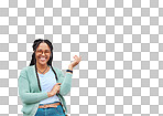 Mockup, portrait and black woman pointing to space for advertising, empty or grey wall background. Face, gesture and girl relax, happy and smile in studio on product placement, isolated or copy space