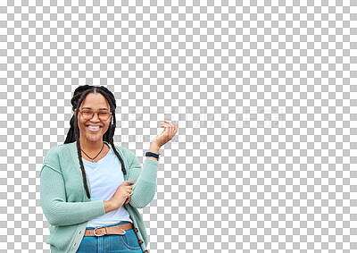 Buy stock photo Isolated African woman, pointing up and portrait with smile for review, choice or deal by transparent png background. Gen z girl, student and happy to show direction with fashion, glasses or feedback