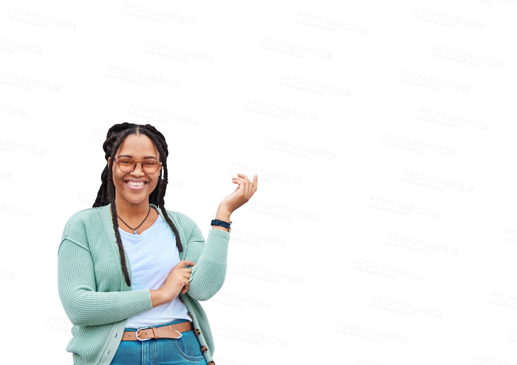 Buy stock photo Isolated African woman, pointing up and portrait with smile for review, choice or deal by transparent png background. Gen z girl, student and happy to show direction with fashion, glasses or feedback