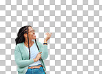 Mockup, hands and black woman pointing to space for advertising, empty and grey wall background. Hand, gesture and girl relax, happy and smile in studio for product placement, branding and copy space