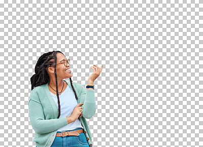 Buy stock photo Smile, hands and black woman pointing to space for advertising. Happy, gesture and a young excited girl relax for creativity, showing and laughing while isolated on a transparent png background