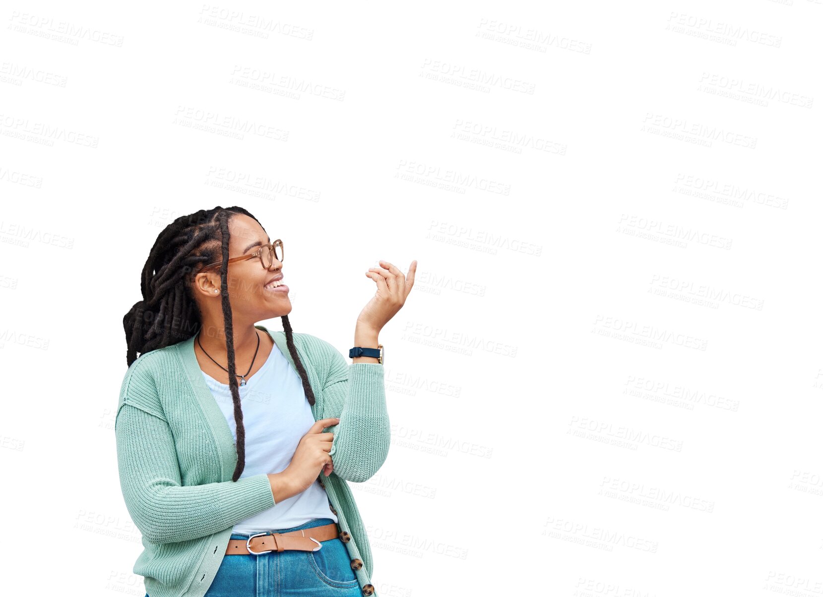 Buy stock photo Smile, hands and black woman pointing to space for advertising. Happy, gesture and a young excited girl relax for creativity, showing and laughing while isolated on a transparent png background