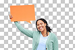 Black woman, portrait or speech bubble of opinion, social media or vote on isolated mock up, grey background or mockup. Smile, happy or student on paper poster, marketing billboard or feedback review