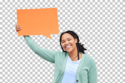 Buy stock photo Portrait, smile and woman with speech bubble for university, news or sign up on isolated, transparent or png background. College, education or face of female student with social media, offer or space