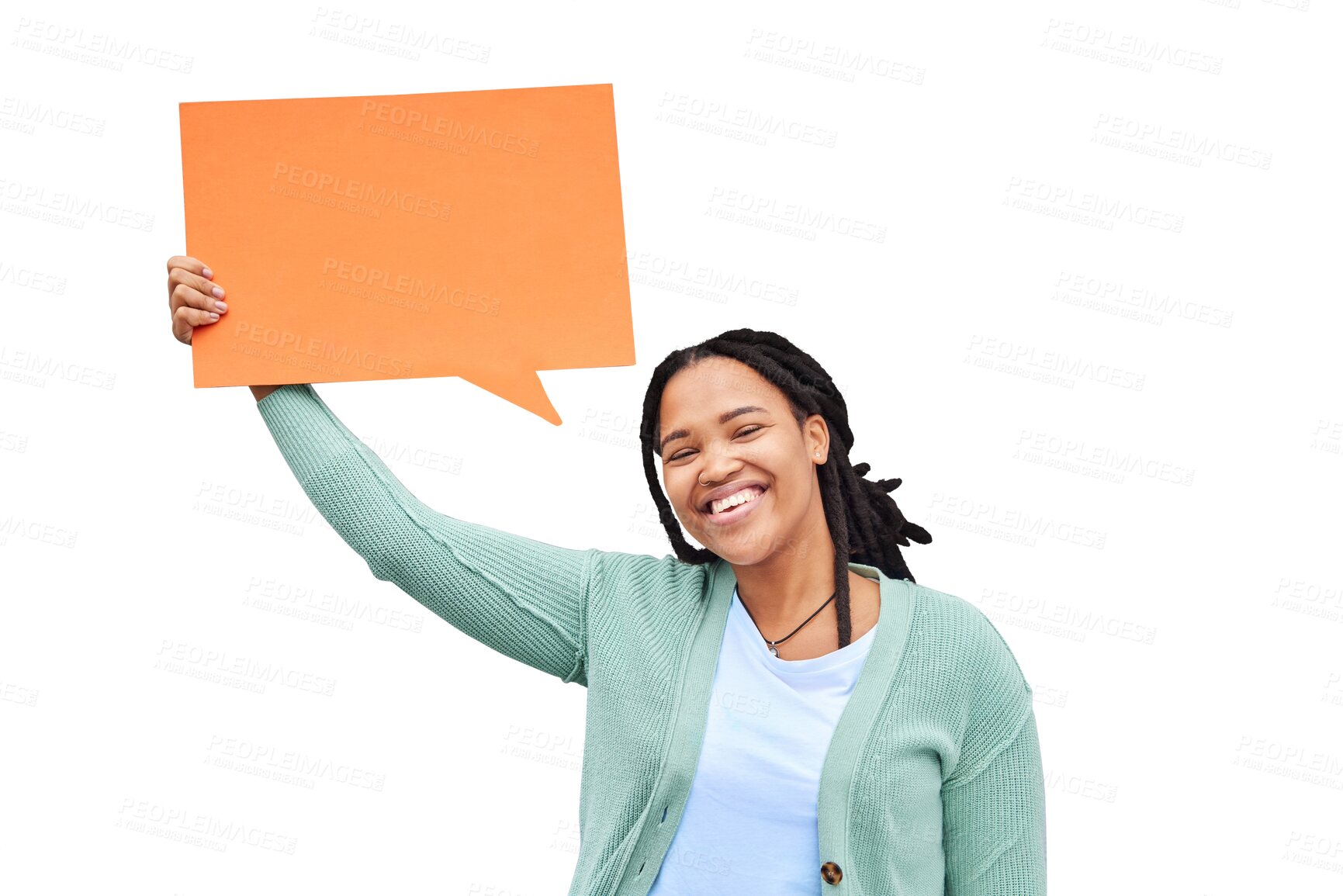 Buy stock photo Portrait, smile and woman with speech bubble for university, news or sign up on isolated, transparent or png background. College, education or face of female student with social media, offer or space