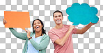 Happy couple, portrait or speech bubble on isolated background of voice opinion mockup, social media or vote mock up. Smile, man or black woman on paper poster, marketing billboard or feedback review