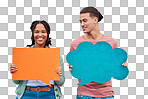 Speech bubble, diversity and couple of friends in studio for advertising, mockup and and space on grey background. Paper, banner and woman with man for social networking, communication and branding