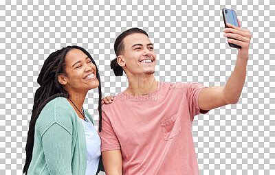 Buy stock photo Isolated interracial couple, selfie or smile together for love for post on web by transparent png background. Man, woman or gen z students for photography, profile picture or happy for memory on blog