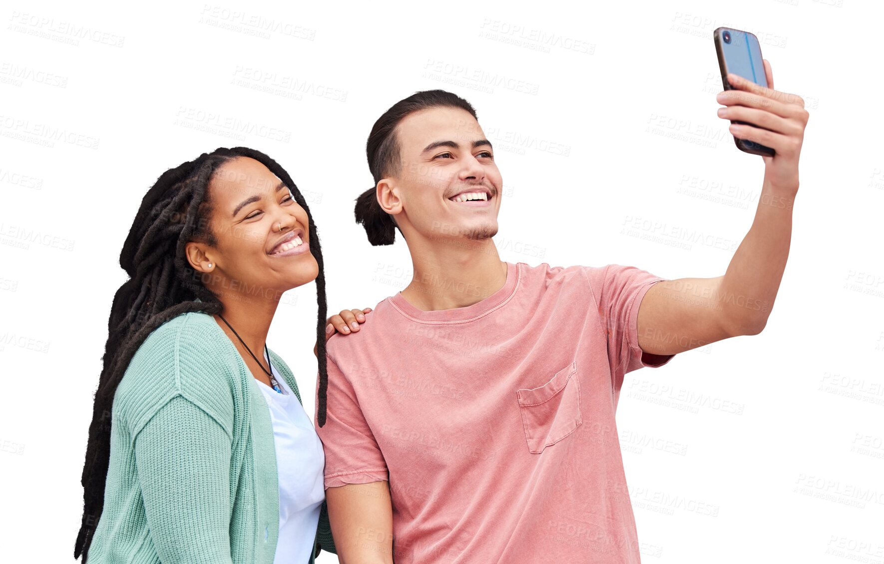 Buy stock photo Isolated interracial couple, selfie or smile together for love for post on web by transparent png background. Man, woman or gen z students for photography, profile picture or happy for memory on blog