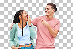 Joking, laugh and happy with a couple on a gray background, outdoor for fun or freedom together. Laughing, humor or smile with a young man and woman enjoying laughter while bonding against a wall