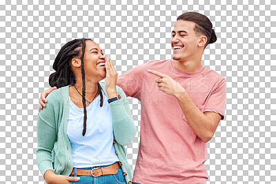 Joking, laugh and happy with a couple on a gray background, outdoor for fun or freedom together. Laughing, humor or smile with a young man and woman enjoying laughter while bonding against a wall