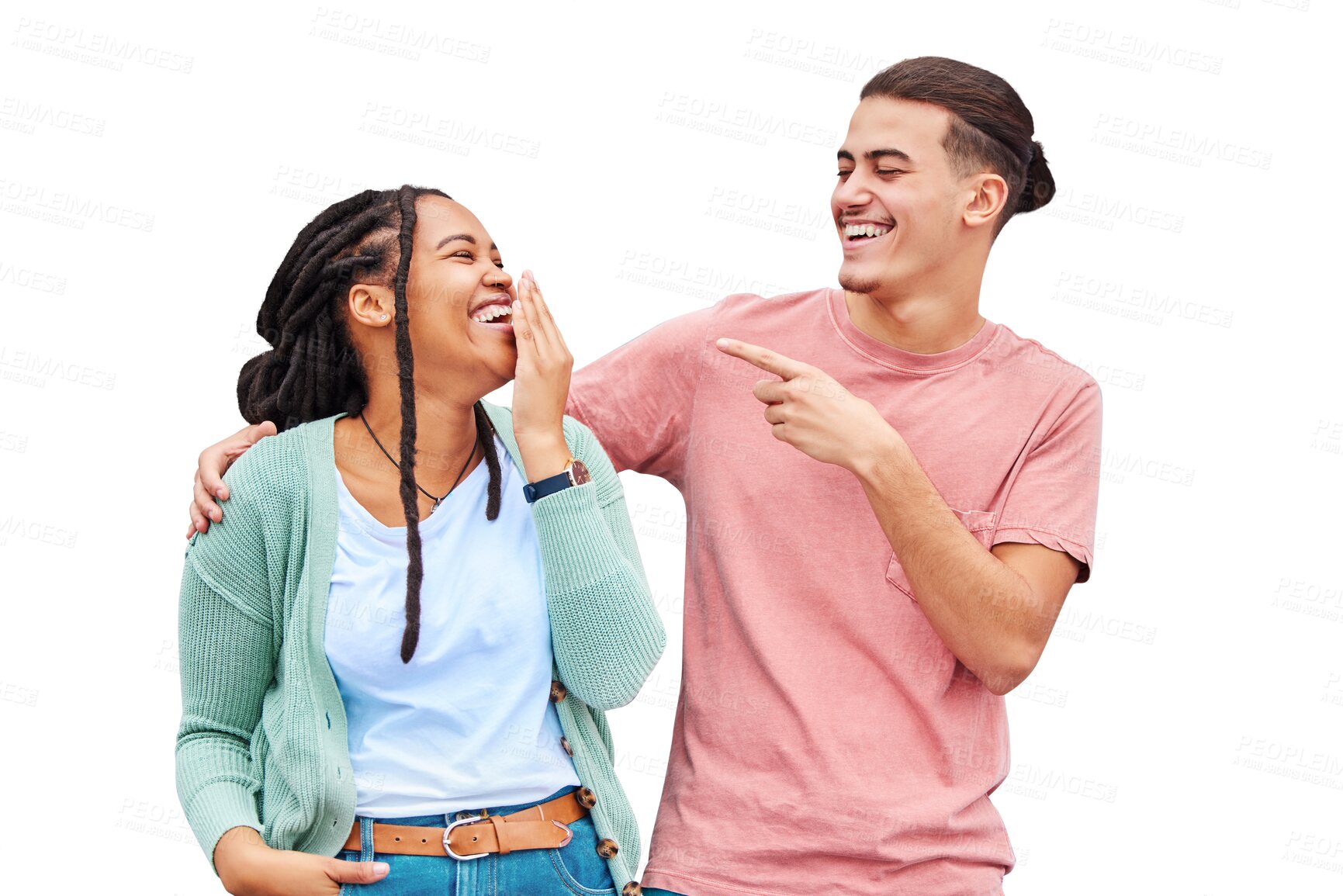 Buy stock photo Couple, laughing and happy with smile, joke and isolated on a transparent png background. Enjoy, funny and crazy humour while touching, hands and together for story, comic and looking at each other