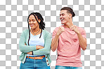 Arms crossed, laughing and interracial couple being funny after an argument isolated on a background. Comic, happy and dancing man with a black woman being crazy and proud after a fight on a backdrop