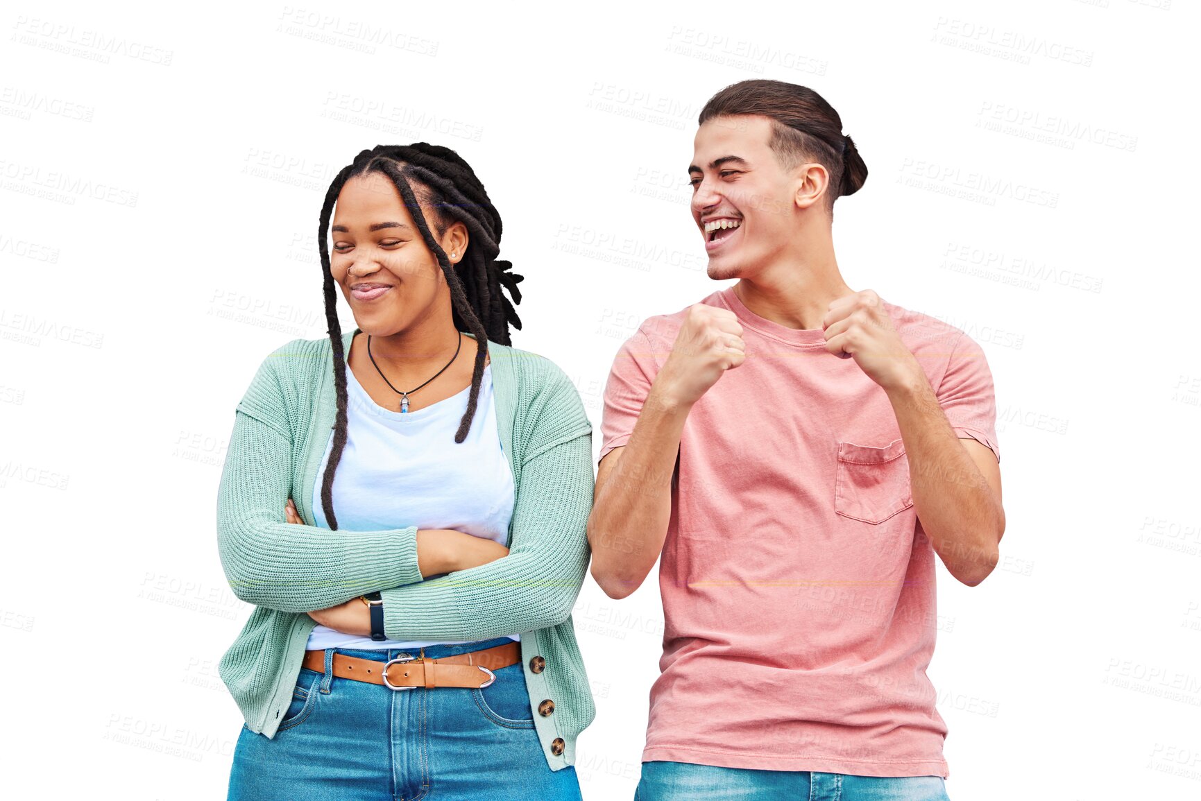 Buy stock photo Happy, laughing and interracial couple being funny together isolated on a transparent png background. Comic, smile and dancing man with a black woman with arms crossed and pride after a fight