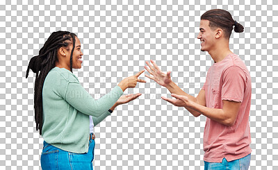 Couple playing rock, paper, scissors by a wall in the city for game, decision or choice while on holiday. Playful, happy and interracial and woman having fun together in town while on a vacation.