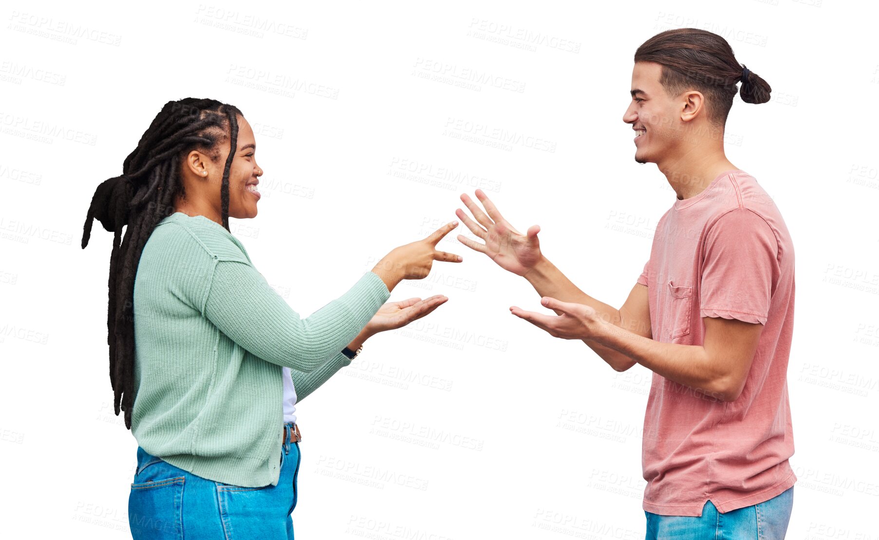 Buy stock photo Couple playing rock, paper and scissors with love, smile and relationship isolated on s transparent background. People, black woman and man with happiness, marriage and playful with fun, game and png